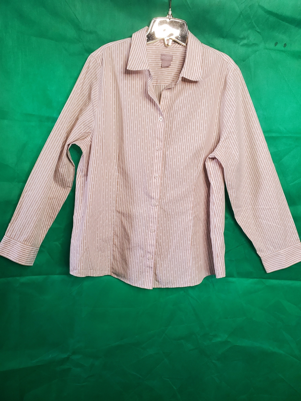 Chico's  Size 2/large Womens Tan and White Striped Dress Shirt
